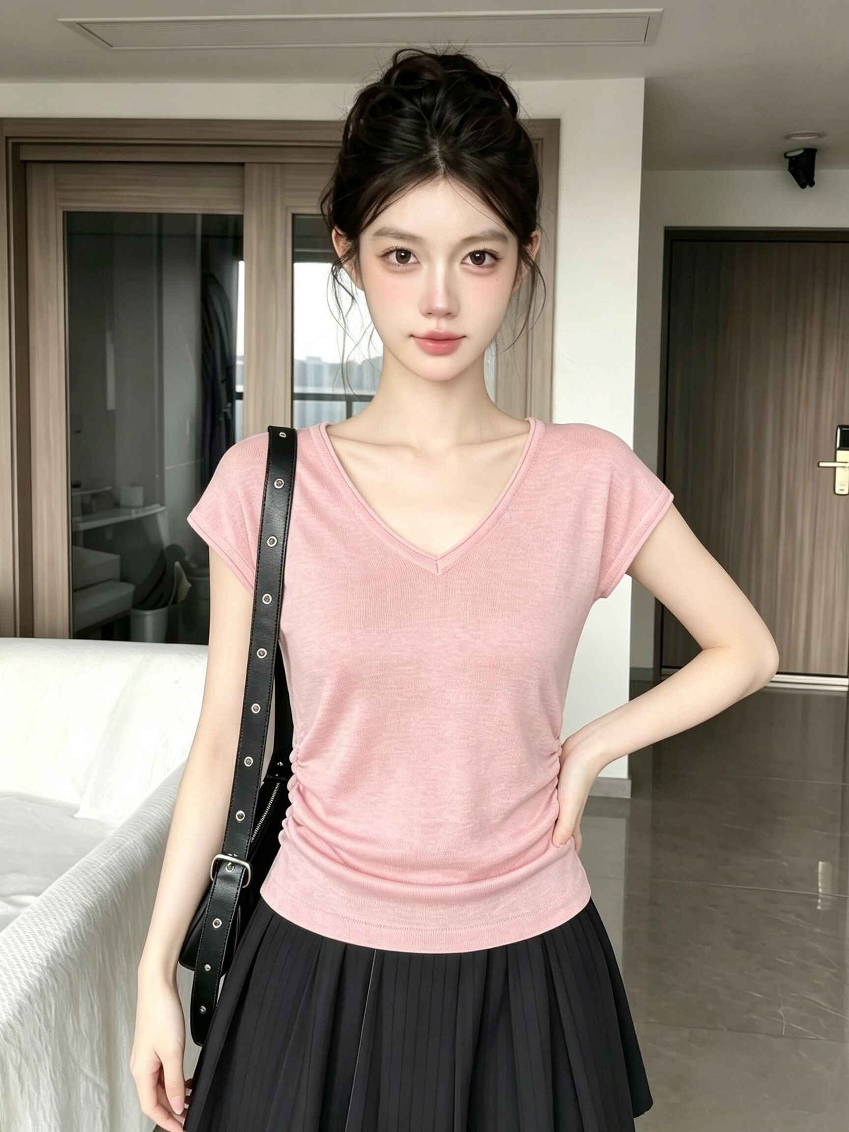 French Style Pink V-Neck Knit Top for Women Summer Short Sleeve T-Shirt - Image 3