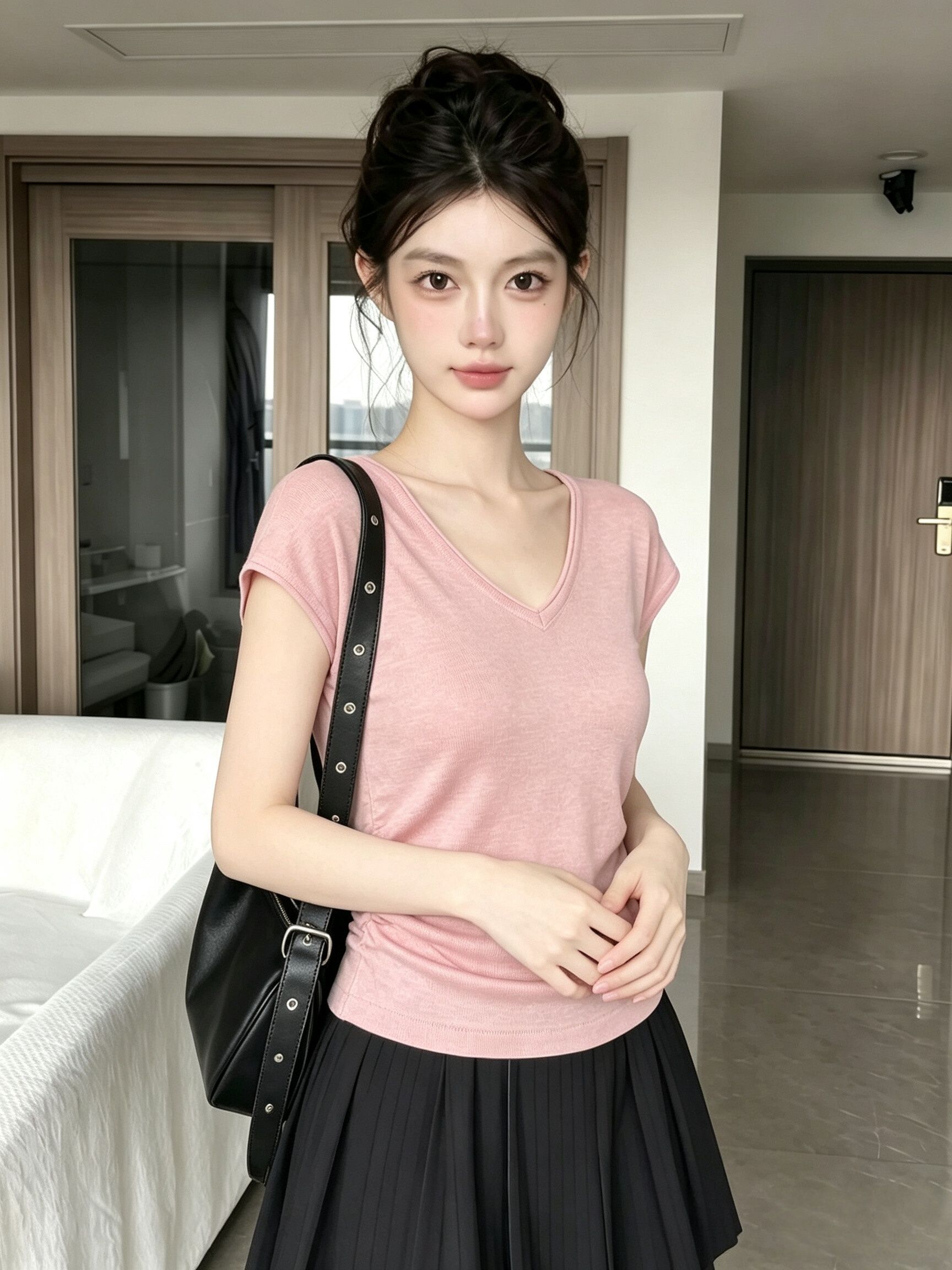 French Style Pink V-Neck Knit Top for Women Summer Short Sleeve T-Shirt - Image 2