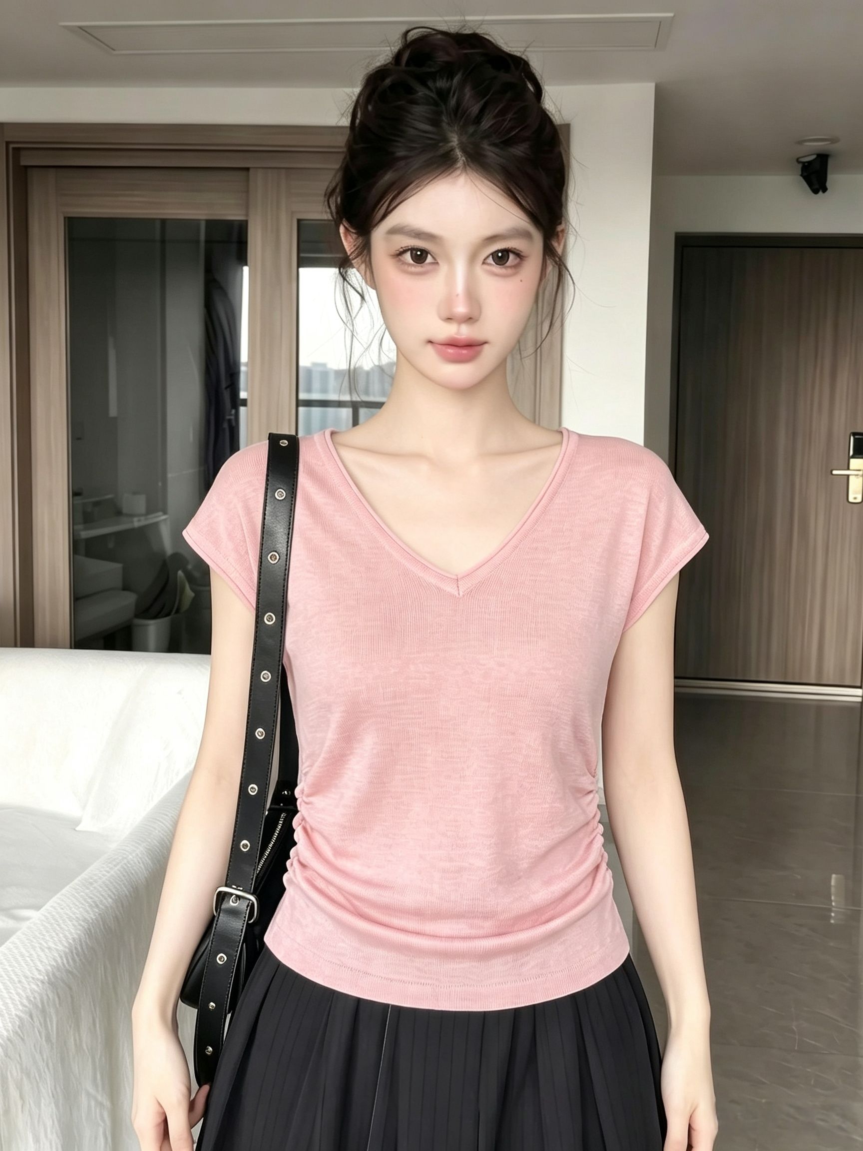 French Style Pink V-Neck Knit Top for Women Summer Short Sleeve T-Shirt