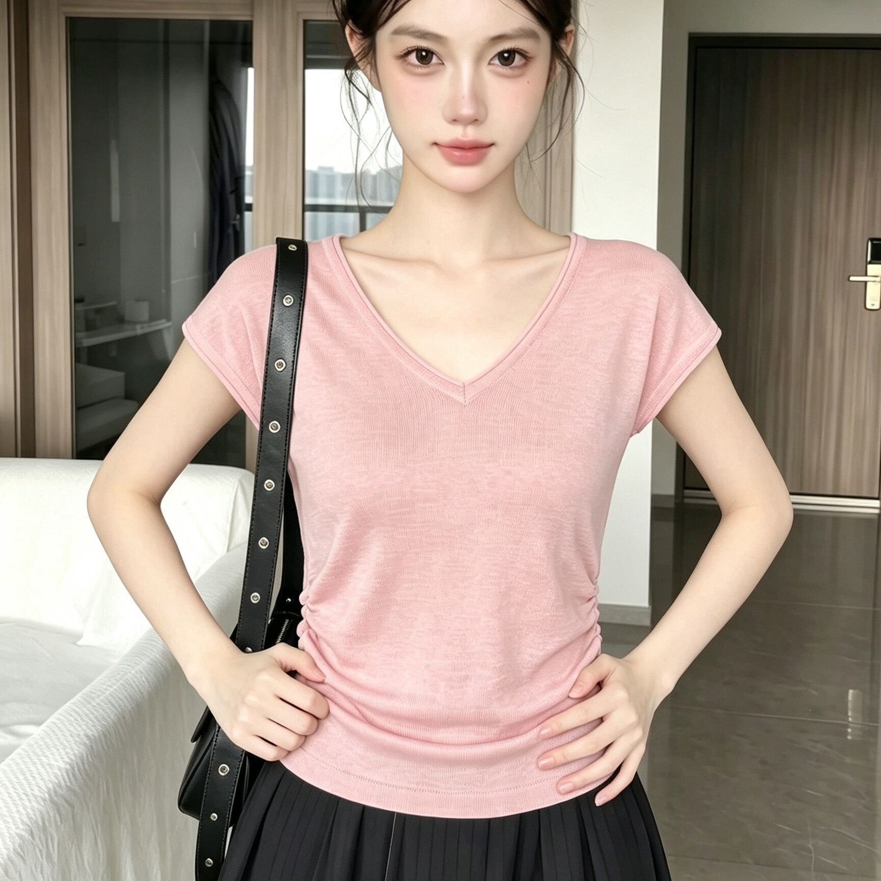 French Style Pink V-Neck Knit Top for Women Summer Short Sleeve T-Shirt - Image 5
