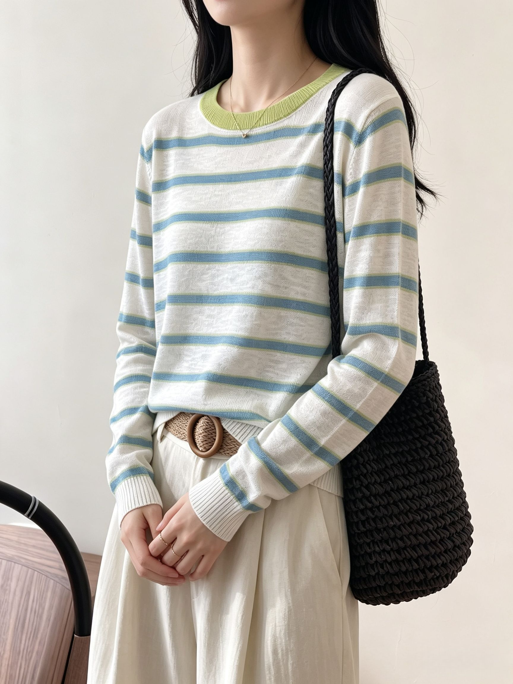 Korean Minimalist Sheer Striped Sun Protection Knit Top for Women - Image 3