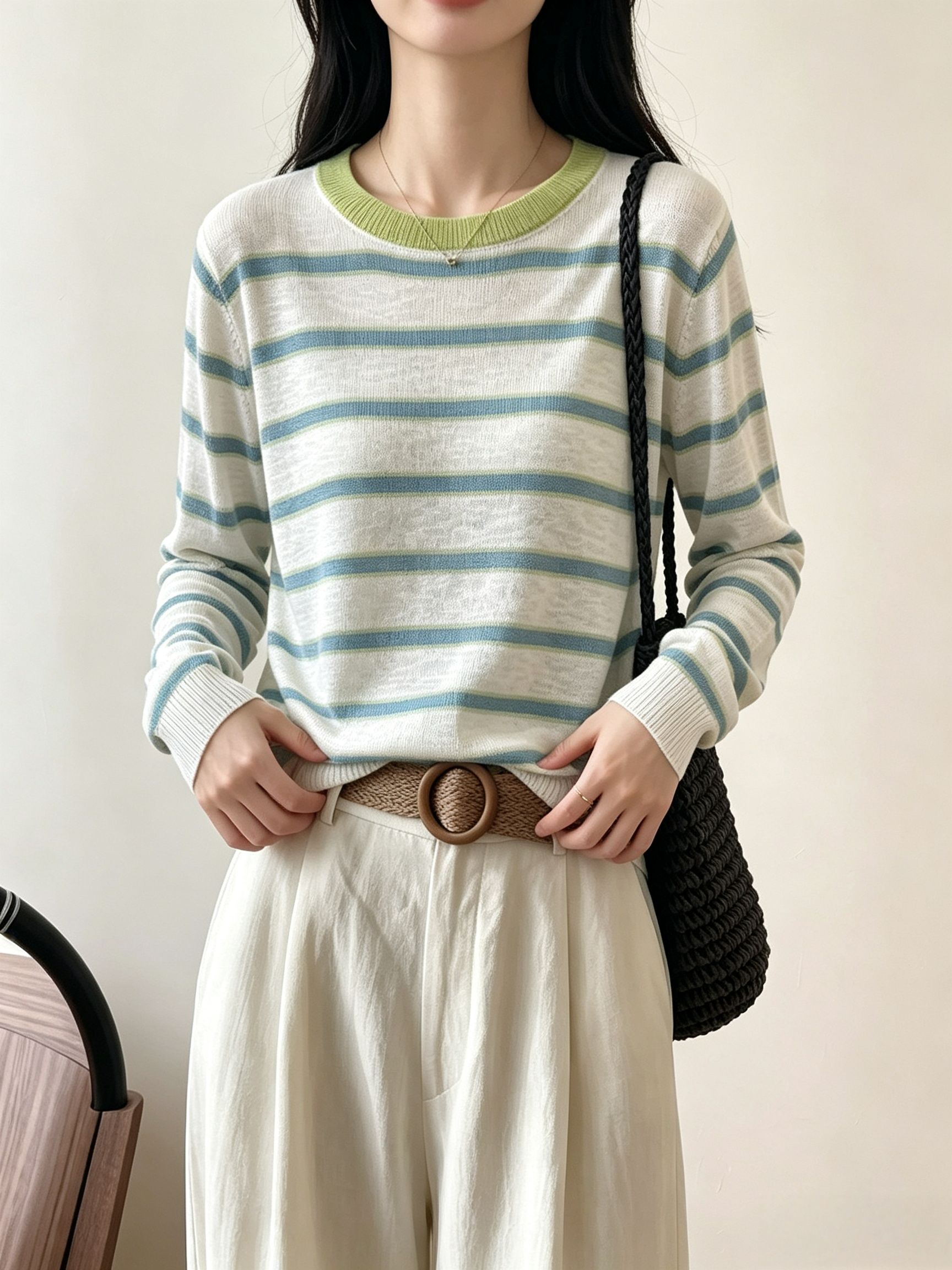 Korean Minimalist Sheer Striped Sun Protection Knit Top for Women - Image 2