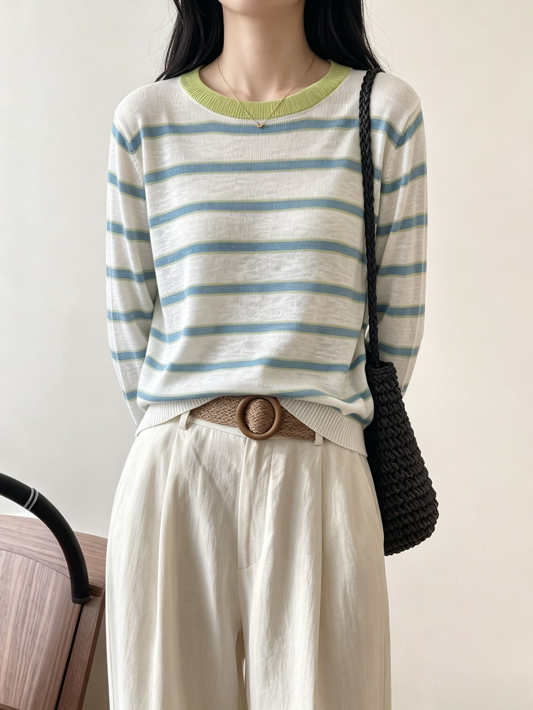 Korean Minimalist Sheer Striped Sun Protection Knit Top for Women - Image 4