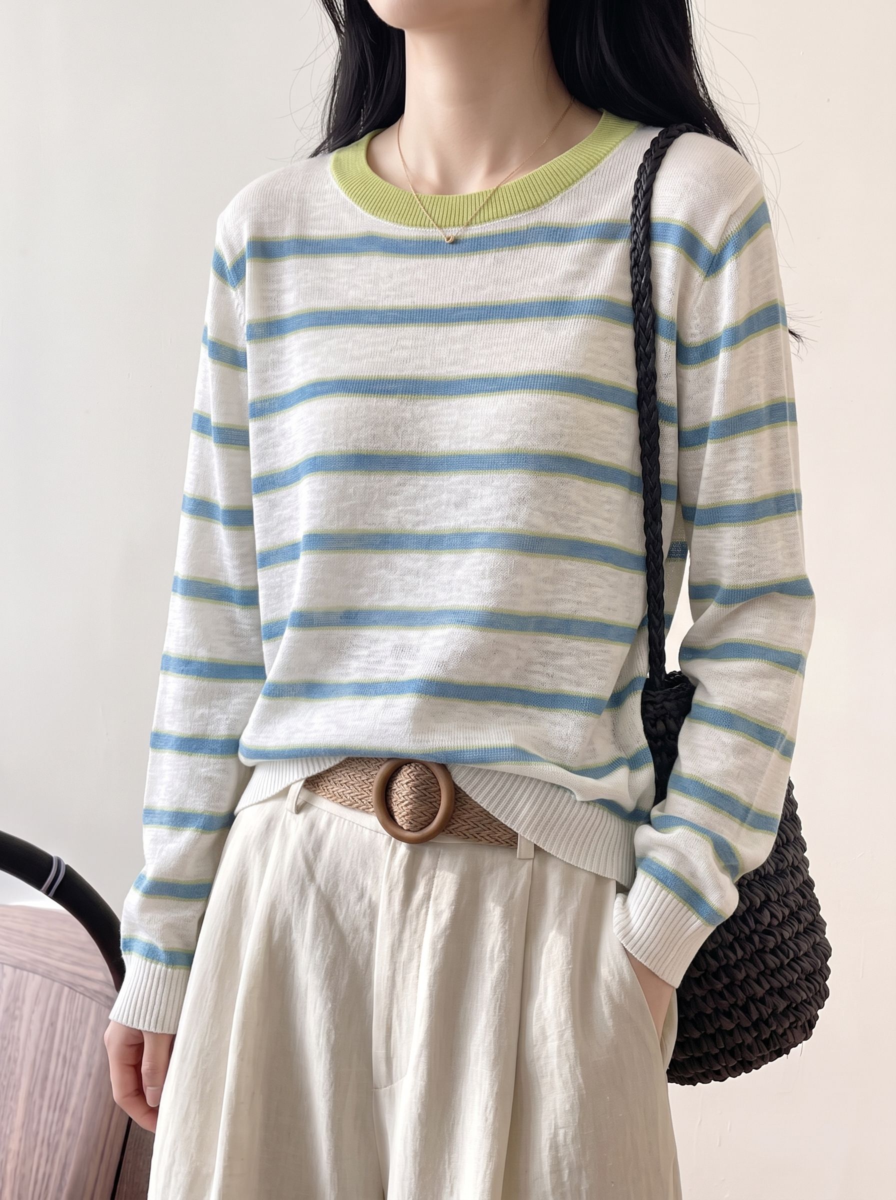 Korean Minimalist Sheer Striped Sun Protection Knit Top for Women