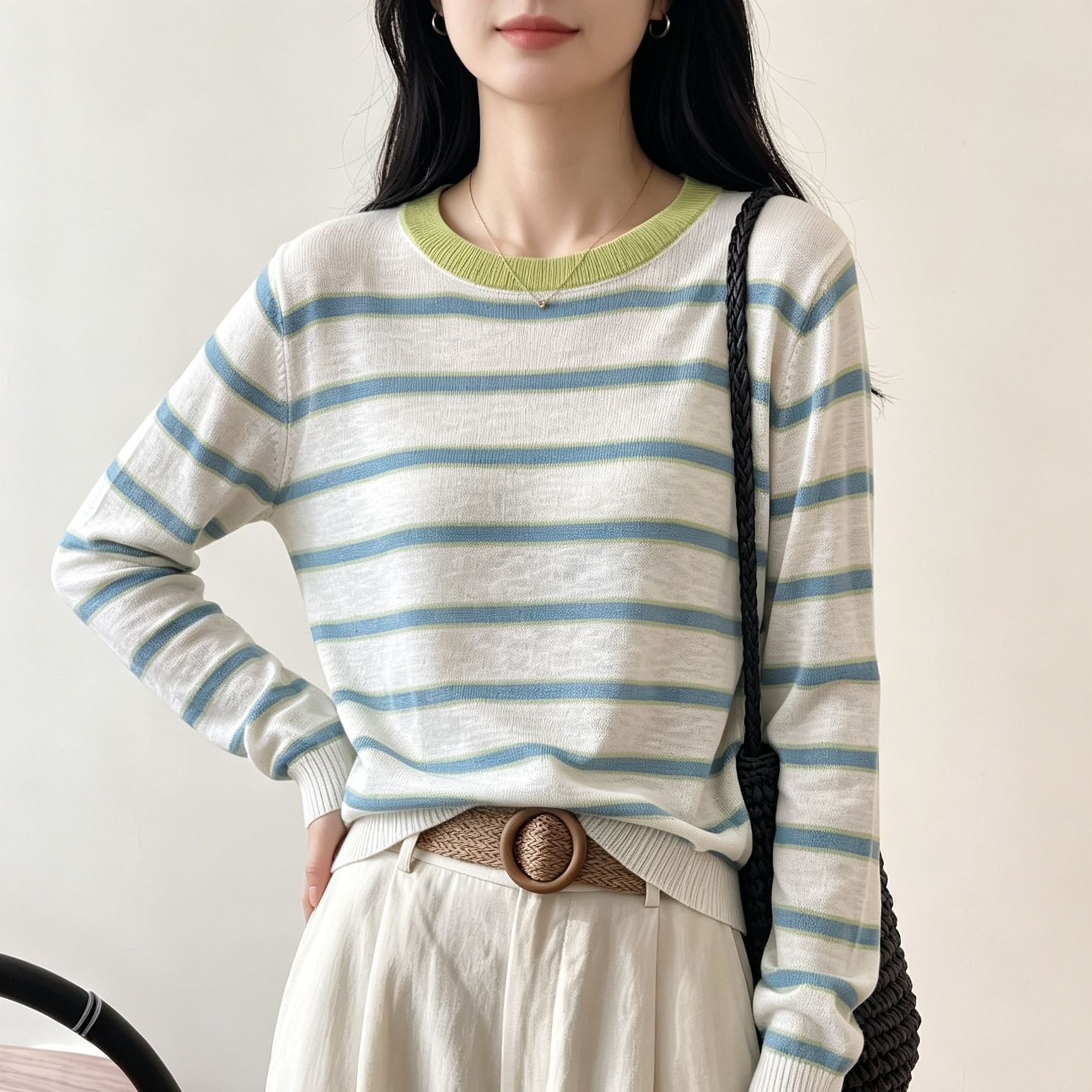 Korean Minimalist Sheer Striped Sun Protection Knit Top for Women - Image 5