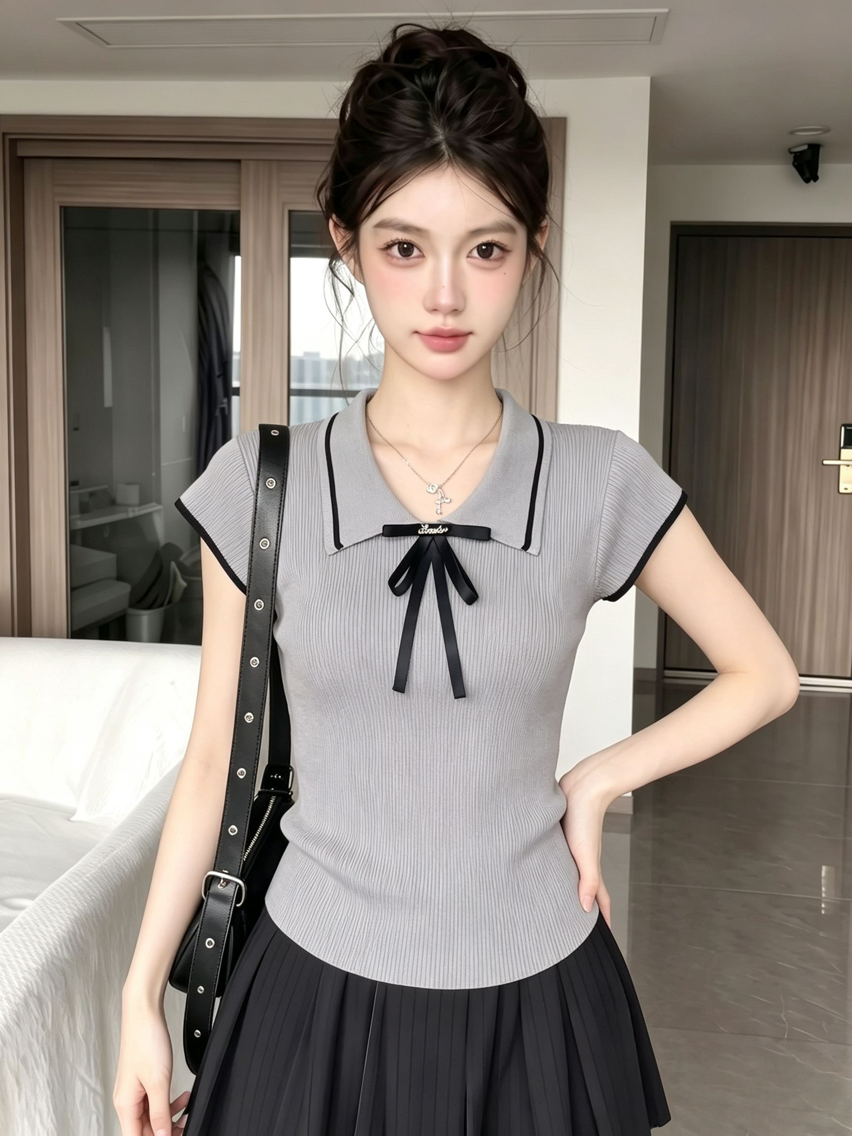 Preppy Gray Bow Tie Knit Short Sleeve T-Shirt for Women Summer Korean Style - Image 2