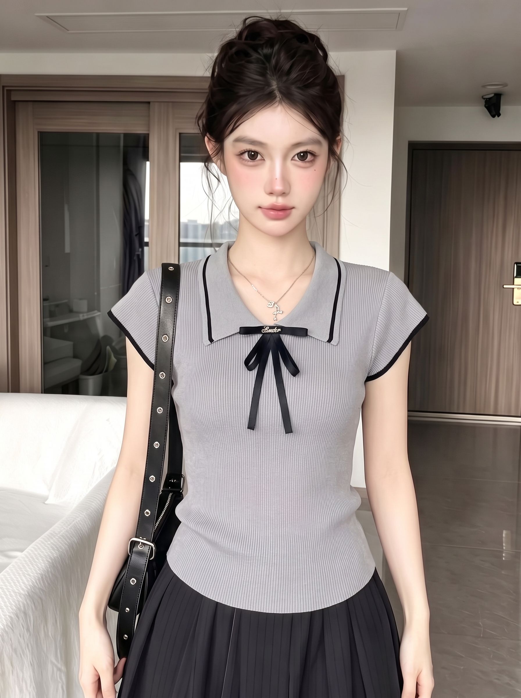 Preppy Gray Bow Tie Knit Short Sleeve T-Shirt for Women Summer Korean Style