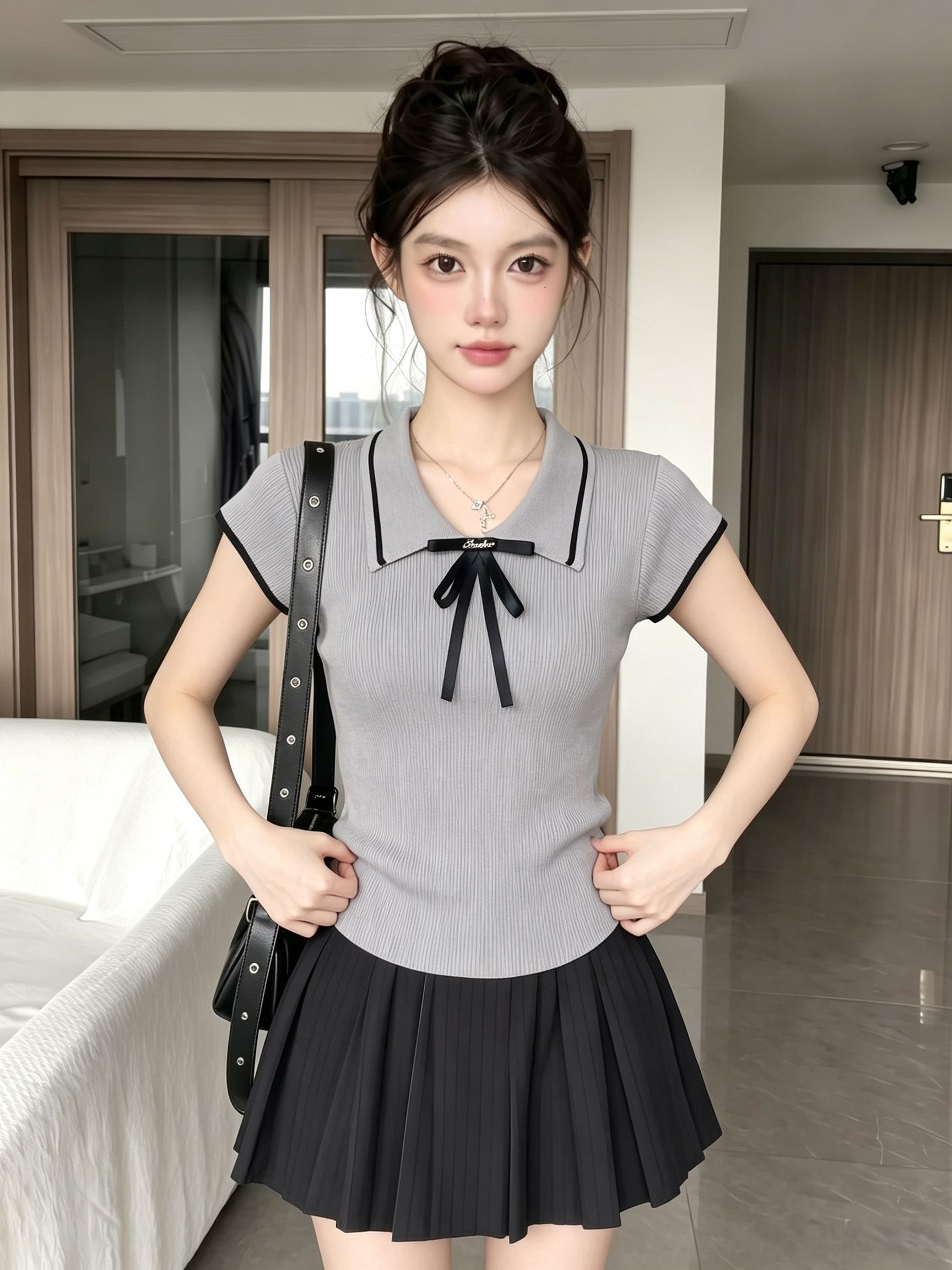 Preppy Gray Bow Tie Knit Short Sleeve T-Shirt for Women Summer Korean Style - Image 3