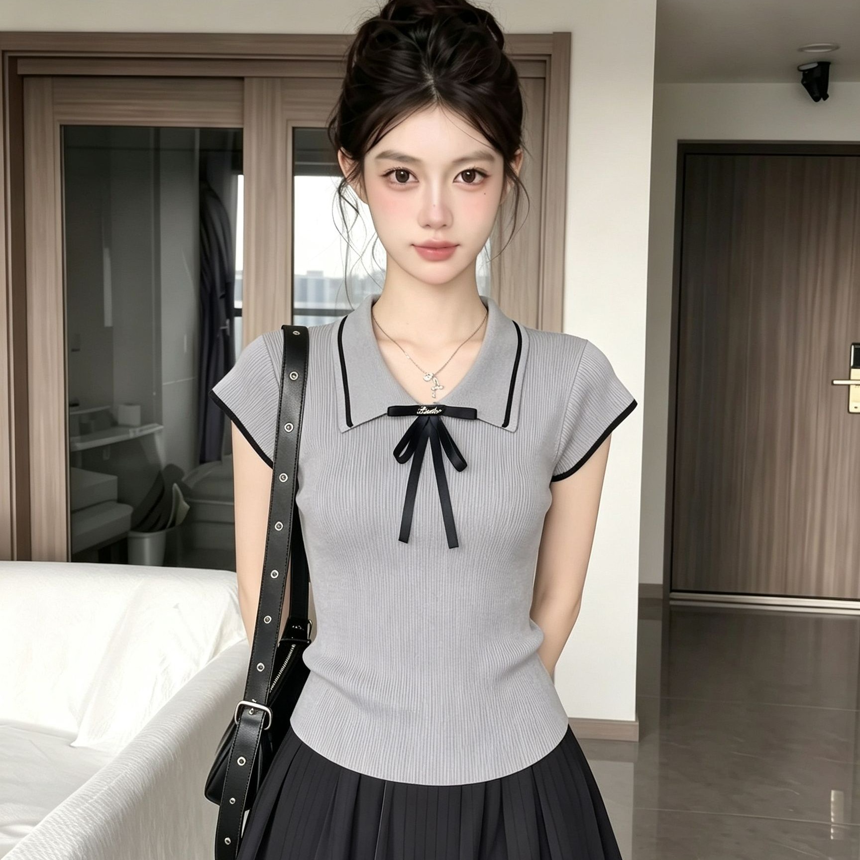 Preppy Gray Bow Tie Knit Short Sleeve T-Shirt for Women Summer Korean Style - Image 4
