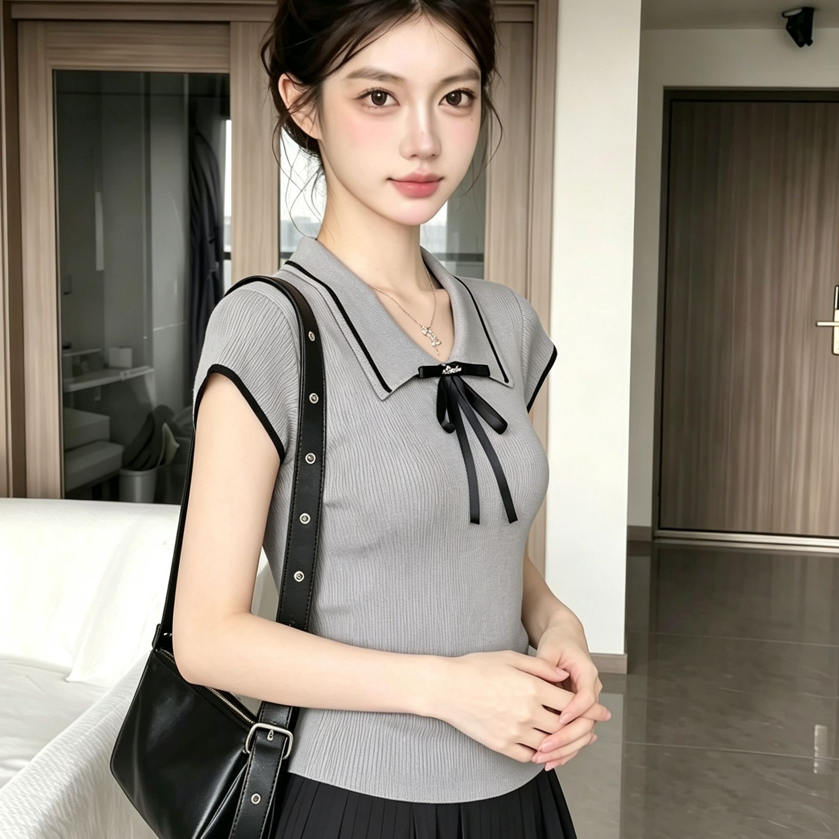 Preppy Gray Bow Tie Knit Short Sleeve T-Shirt for Women Summer Korean Style - Image 5