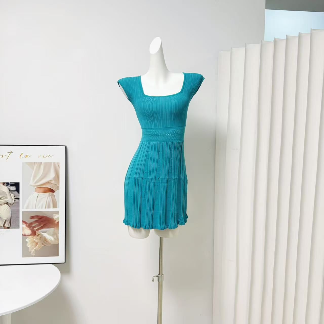 Farte Shop Sweet Square Neck Cap Sleeve Dress for Women Spring Summer Waist Cinched Midi Short Dress