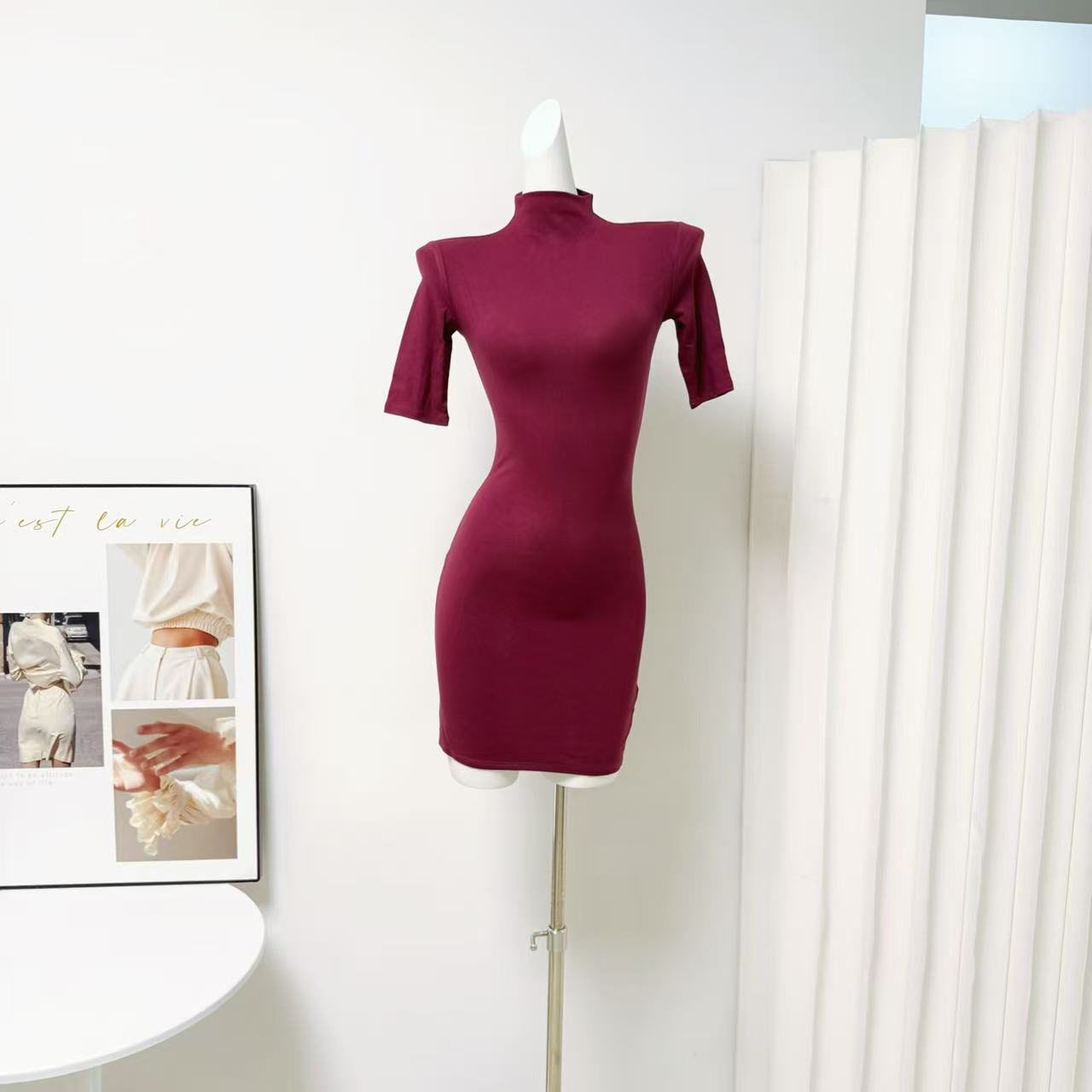 F PROJECT High Neck Mid Sleeve Bodycon Knit Dress Slimming Early Autumn