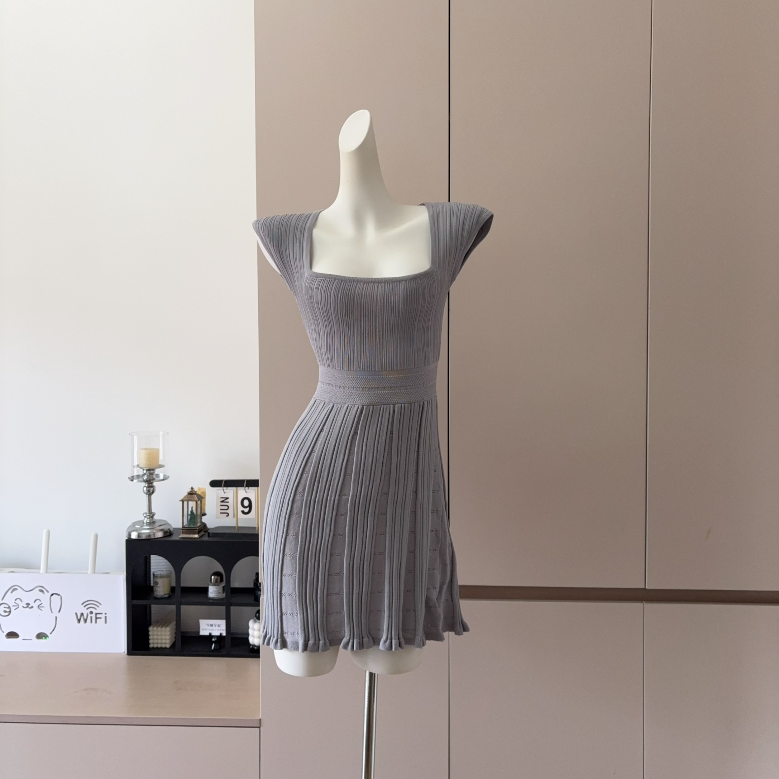 Farte Shop Sweet Square Neck Cap Sleeve Dress for Women Spring Summer Waist Cinched Midi Short Dress - Image 2