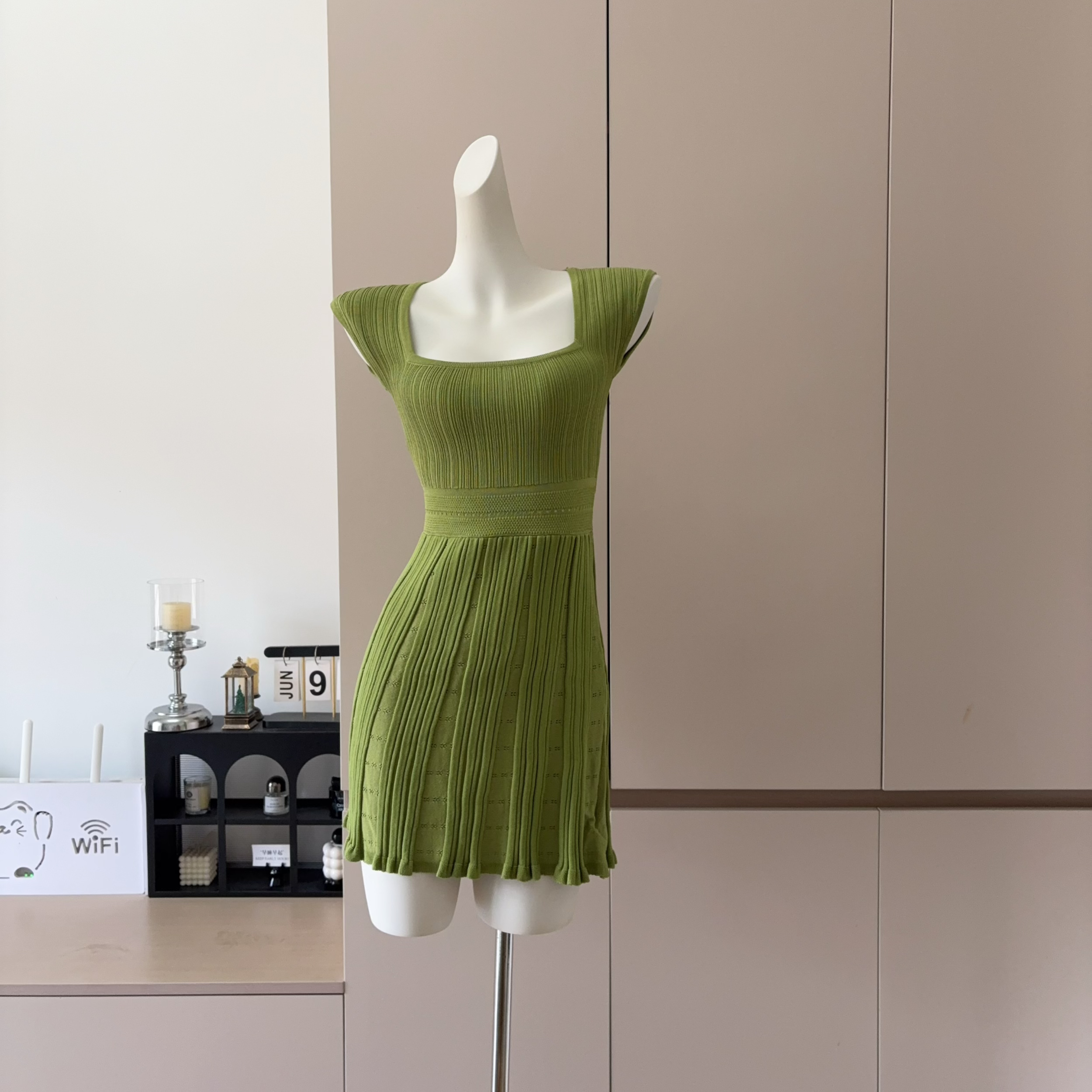 Farte Shop Sweet Square Neck Cap Sleeve Dress for Women Spring Summer Waist Cinched Midi Short Dress - Image 3