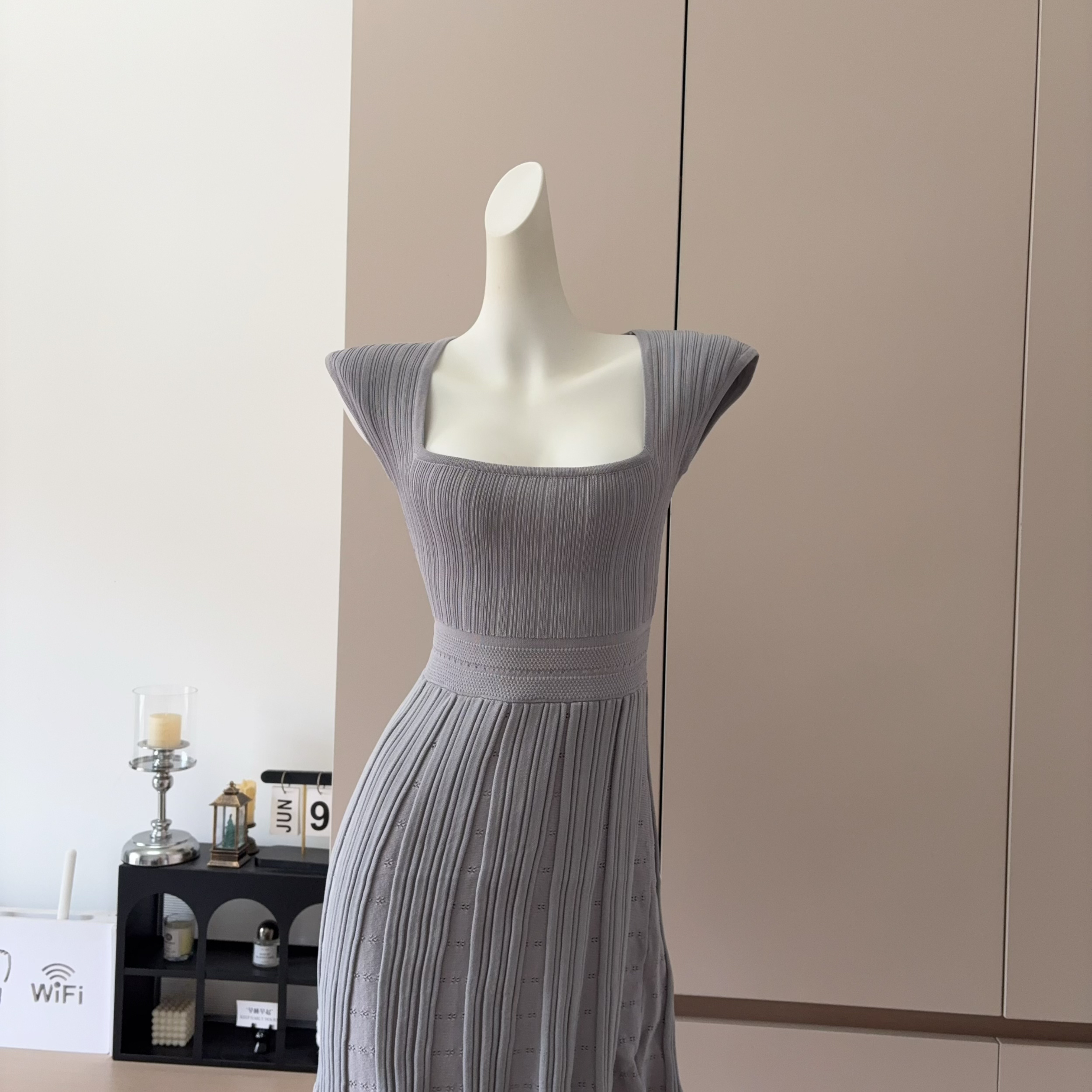 Farte Shop Sweet Square Neck Cap Sleeve Dress for Women Spring Summer Waist Cinched Midi Short Dress - Image 4